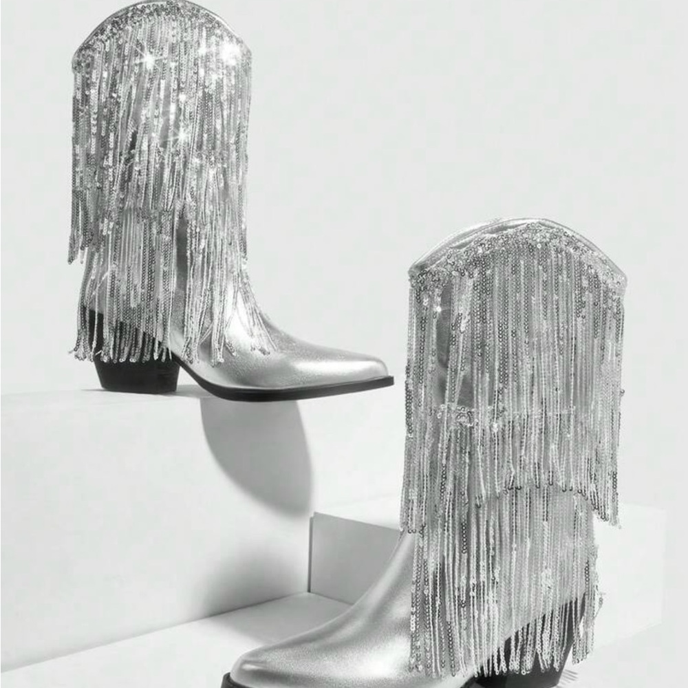 Silver Heeled Boots with Fringe and Chunky Heel